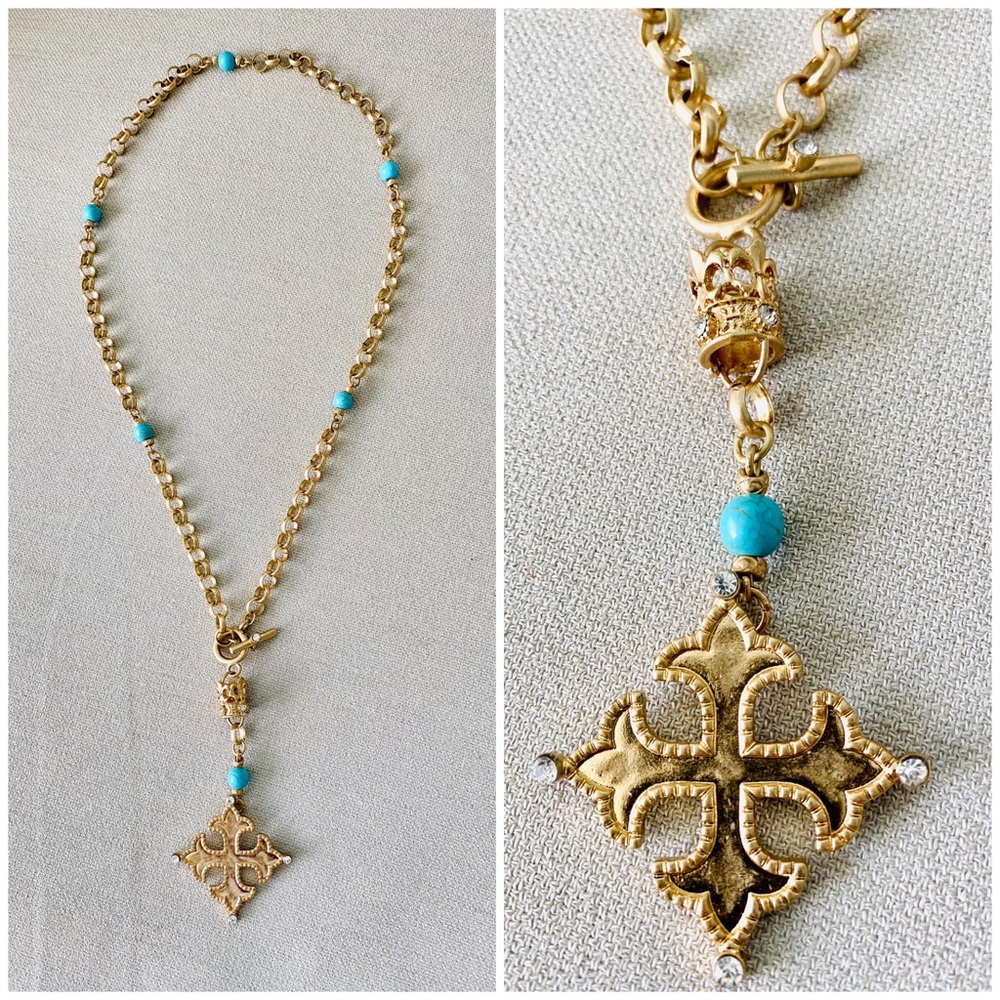 Cross and Crown Gold Turquoise Lariat Necklace